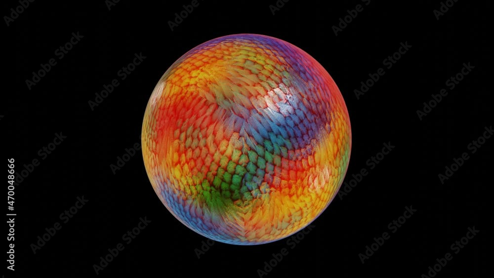 Poster shiny rainbow sphere rotates on a black background. looped animated background. 3d render
