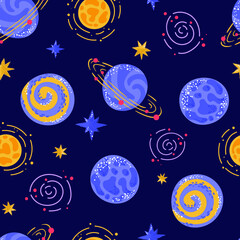Planets, stars and asteroids on a blue background. Baby textile seamless pattern. Cartoon style, space print.