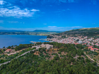 Naklejka na ściany i meble Aerial view of the beautiful seaside city of Pylos located in western Messenia in Peloponnese, Greece