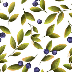 Berries and branches of blueberries on a white background. Forest plants, food. Seamless pattern
