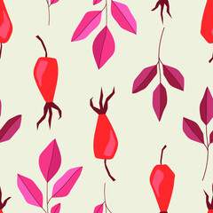 red fruits and leaves of wild rose on a gray background. Autumn plants, seamless pattern
