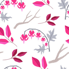 Fototapeta na wymiar Dicentra flower and red leaves on a white background. Summer and autumn plants, seamless pattern