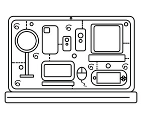 Gadgets concept illustration. Vector creative symbol made with icons of modern technology objects in thin line style