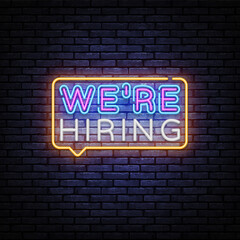 Were Hiring neon sign vector. Were hiring, great design for any purposes. Design template neon text, light banner, nightly bright advertising, light inscription. Vector illustration