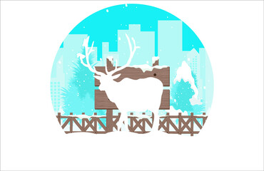 Merry Christmas. Silhouette Deer. Urban town with snowfall in winter season. Christmas tree and blank signboard