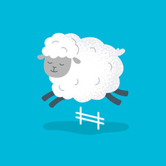 A cute sheep jumps over the fence. A funny little sheep. Vector flat illustration.