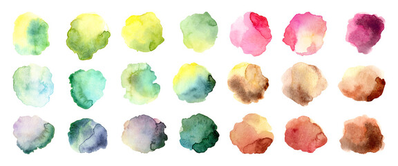 Big watercolor set of abstract spots. Seasonal colored circles for wedding card. Green, blue, pink and brown shades with texture paper. Warm and cold palette. Template for decor. Isolated illustration