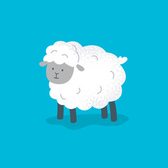 A cute sheep stands and looks. Funny little sheep. Vector flat illustration.