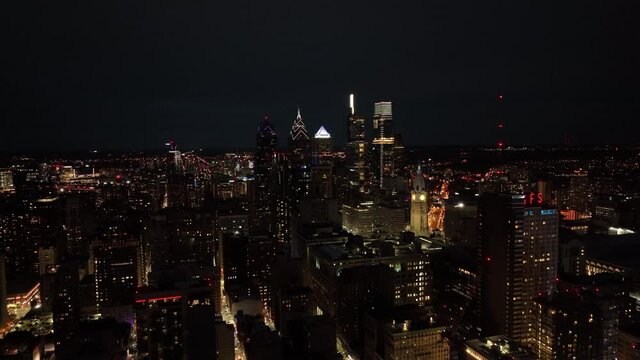 Aerial Drone Flight Through Center City Philadelphia at Night