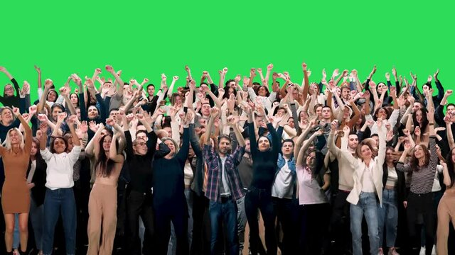 Huge crowd of people of different ages dancing at a concert, fans at a music event, they dance and swing their arms on a green background, chromakey template.