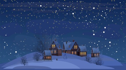 Village. Rural houses in winter. Christmasc night. Quiet frosty evening. Gable roof is covered with snow. Nice and cozy countryside landscape. Flat cartoon style. Vector art