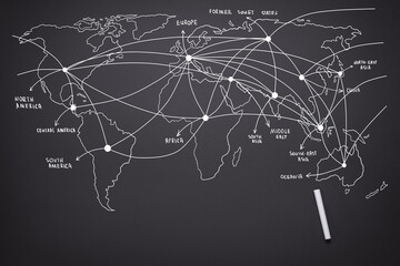 world map drawn in chalk with the connection of continents, globalization concept, global logistics...