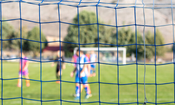 Football game in arena through soccer nets. Blurred background.