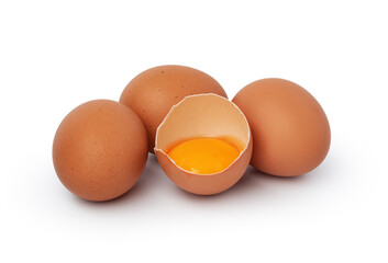 Brown raw eggs and one broken isolated on white background