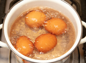 Eggs are boiled in boiled water