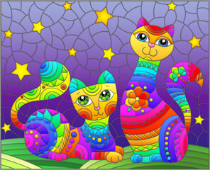 An illustration in the style of a stained glass window with bright cartoon cats on the background of the night starry sky