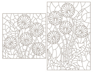 A set of contour illustrations in the style of stained glass with abstract dandelion flowers, dark contours on a white background