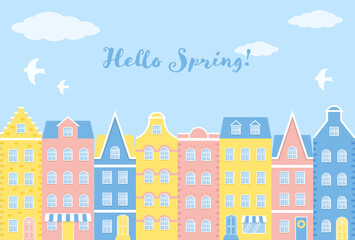 vector background with city landscape with colorful houses for banners, cards, flyers, social media wallpapers, etc.