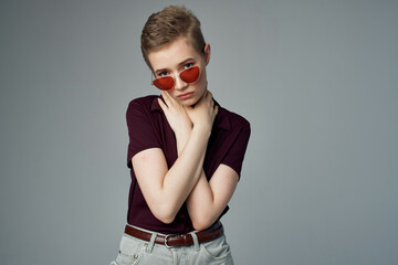 short haired woman in a red shirt classic style isolated background