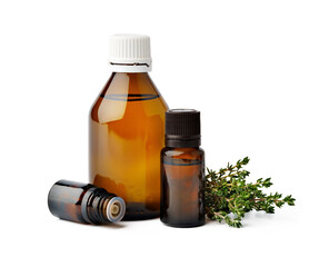 Bottle with essential oil and green leaf isolated on white background