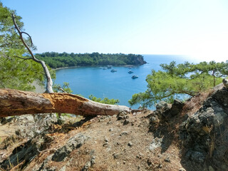 View of the stone beach at the site of the ancient Lycian city of Phaselis. Historic site