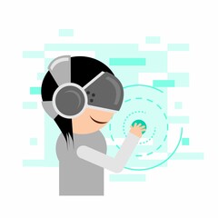 A Person equipped with Virtual Reality Headset and touch effect, in Flat design Artwork