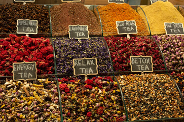 Dried tea,  fruits, herbs, flowers  at Istanbul Spice Bazaar