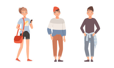 Teenager Boy and Girl Dressed in Casual Wear Standing Vector Set