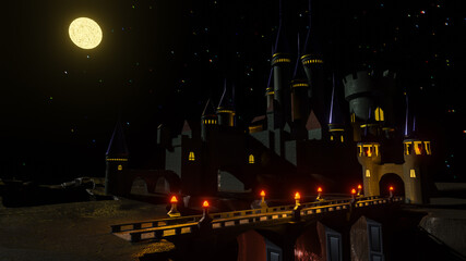night landscape with a magic castle on the background of a full moon. 3d render illustration