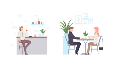 Man and Woman Character Eating Out Sitting at Cafe Table Having Dinner Vector Set