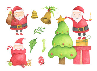 Set of Christmas decorations. Watercolor elements on white background.