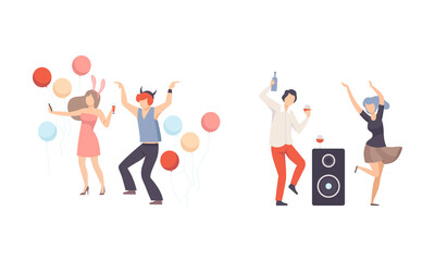 Joyful People Character Dancing and Drinking Cocktail Celebrating Feast Vector Illustration Set