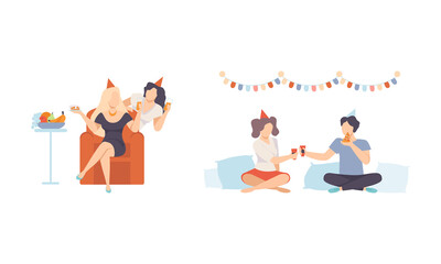 Joyful People Character in Cone Birthday Hat Eating and Drinking Cocktail Celebrating Feast Vector Illustration Set