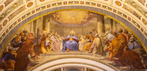 ROME, ITALY - AUGUST 28, 2021: The fresco of Pentecost in the church Chiesa di Santo Spirito dei Napoletani by Pietro Gagliardi  from 19. cent. - obrazy, fototapety, plakaty