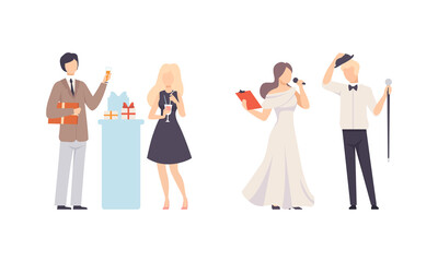 Naklejka premium Joyful People Character Drinking Cocktail and Performing Celebrating Feast Vector Illustration Set