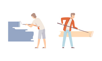 Male Coloring Wall with Paint Roller Vector Set