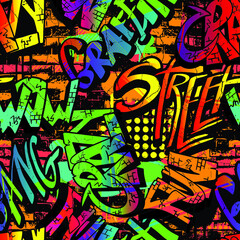 Abstract bright graffiti pattern. With bricks, paint drips, words in graffiti style. Graphic urban design for textiles, sportswear, prints.
 - obrazy, fototapety, plakaty