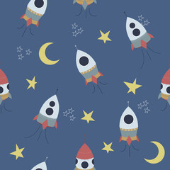 Childish seamless pattern with hand drawn space elements space, rocket, star, planet, space probe. Trendy kids vector background.
