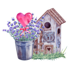 Watercolor illustration with toy garden house, bucket, lavender bouquet, heart on stick isolated on the white background. Hand painted watercolor clipart. - 470054823