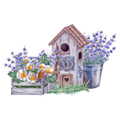 Watercolor illustration with toy garden house, bucket, lavender bouquet, wooden crate, white flowers, bucket isolated on the white background. Hand painted watercolor clipart. - 470054824