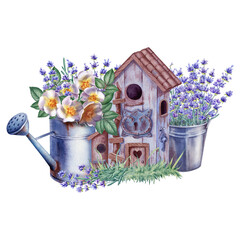 Watercolor illustration with toy garden house, watering can, lavender bouquet, white flowers, bucket isolated on the white background. Hand painted watercolor clipart. - 470054825