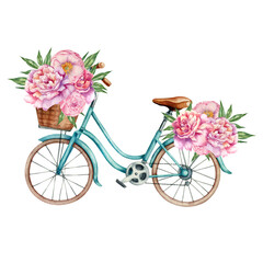 Watercolor illustration with azure bicycle and rose bouquet isolated on the white background. Hand painted watercolor clipart. - 470054826