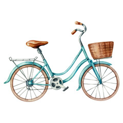 Watercolor illustration with azure bicycle and basket isolated on the white background. Hand painted watercolor clipart. - 470054828