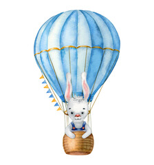 Watercolor illustration with blue air balloon and cartoon bunny  isolated on the white background. Hand painted watercolor clipart. - 470054830
