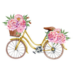 Watercolor illustration with rose bouquets and yellow bicycle isolated on the white background. Hand painted watercolor clipart. - 470054831