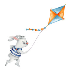Watercolor illustration with cartoon bunny and colorful kite, isolated on the white background. Hand painted watercolor clipart. - 470054833