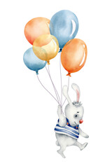 Watercolor illustration with bunch of balloons and cartoon bunny, isolated on the white background. Hand painted watercolor clipart. - 470054837