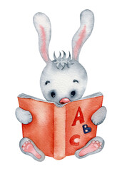 Watercolor illustration with reading cartoon bunny isolated on the white background. Hand painted watercolor clipart. - 470054839