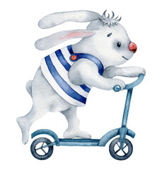 Watercolor illustration with cartoon bunny rides a scooter isolated on the white background. Hand painted watercolor clipart. - 470054840