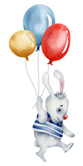 Watercolor illustration with cartoon bunny and colorful balloons,  isolated on the white background. Hand painted watercolor clipart. - 470054843